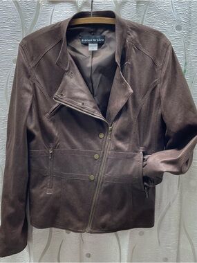 Bianca Nygard Moto Jacket Womens 12 Brown Excellent Faux Suede Asymmetrical Zip